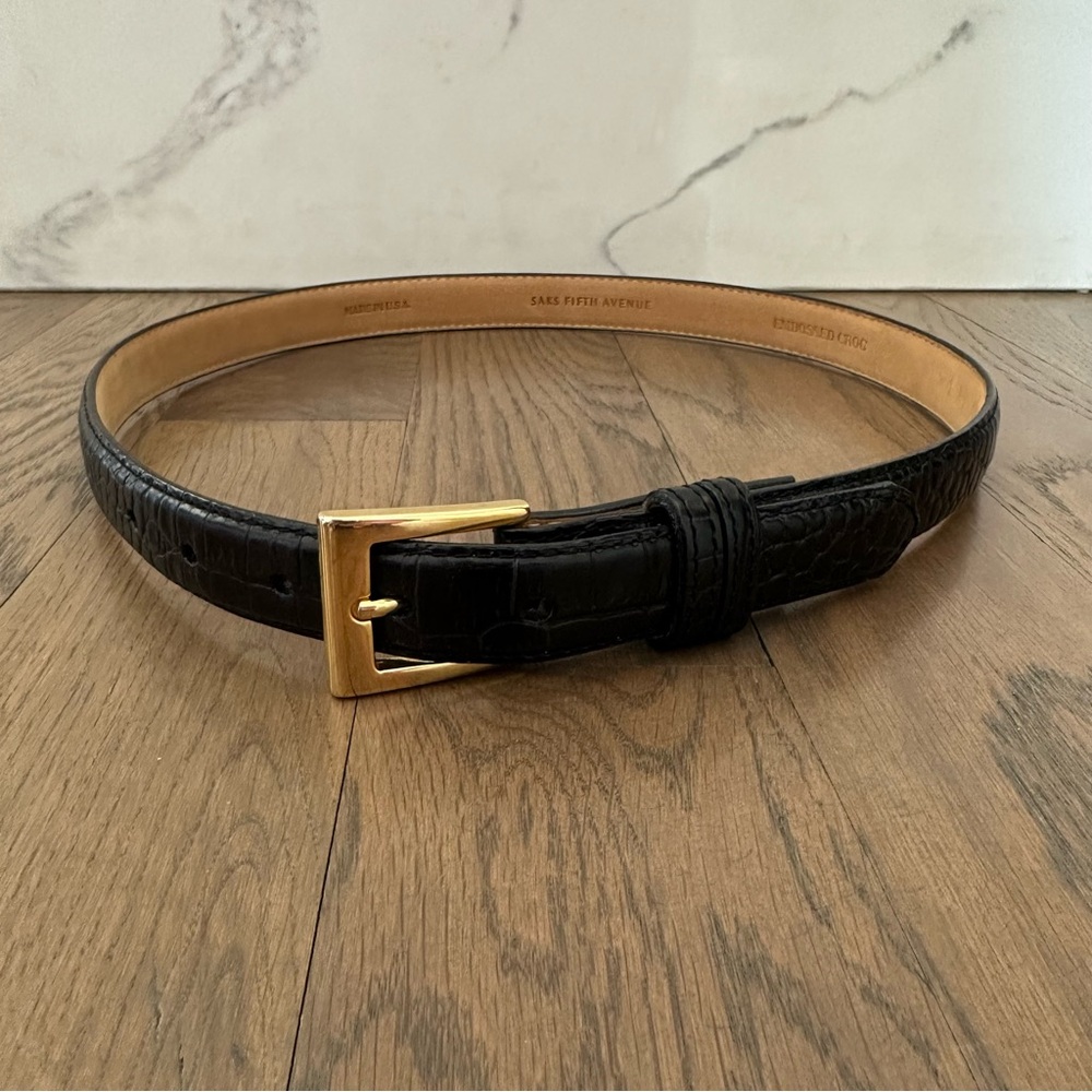 Vintage Saks Fifth Avenue Crocodile Embossed Leather Belt in Black, Gold Medium - Picture 8 of 10